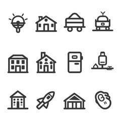 Fototapeta premium Set of 12 Line Icons for Buildings Transportation and Technology