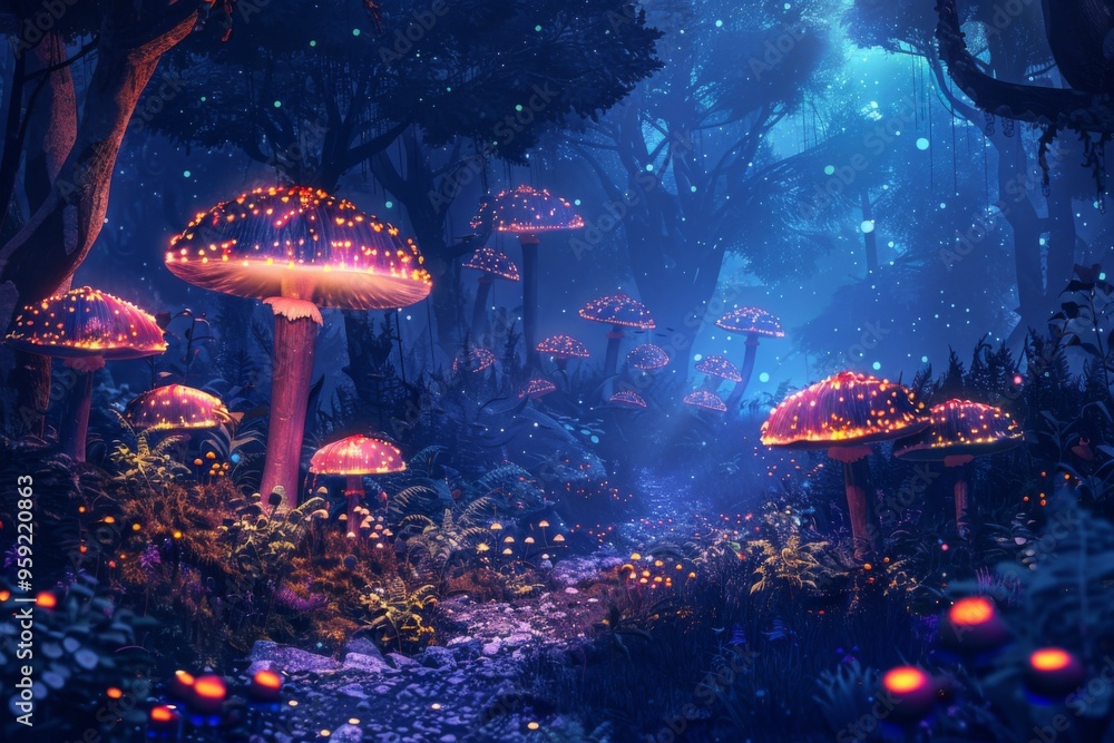 Aufkleber a forest with mushrooms and trees in the middle magical illustration of a fairy forest with glowing 