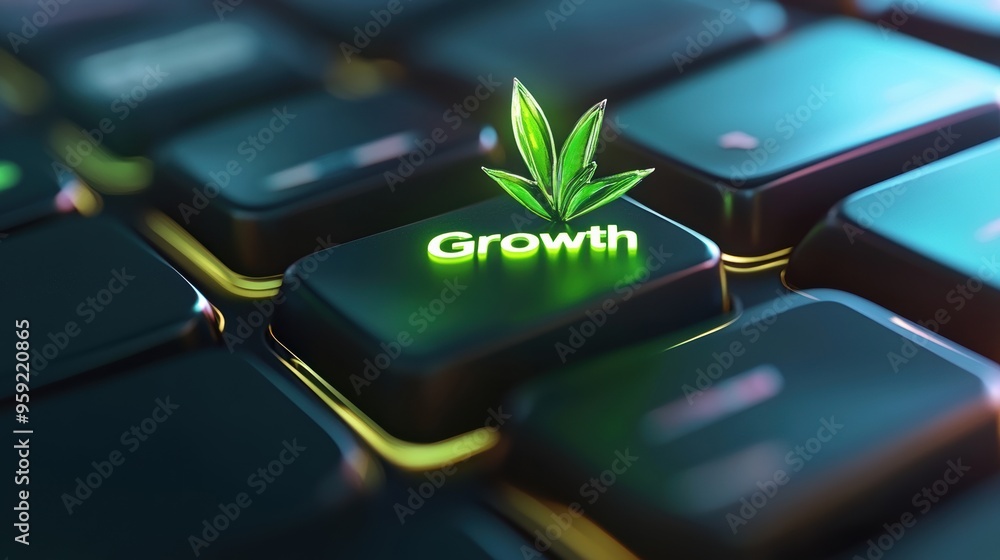 Poster a close up of a computer keyboard with the word growth on it, ai
