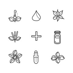 Set of Essential Oil Icons with Flowers and Bottles