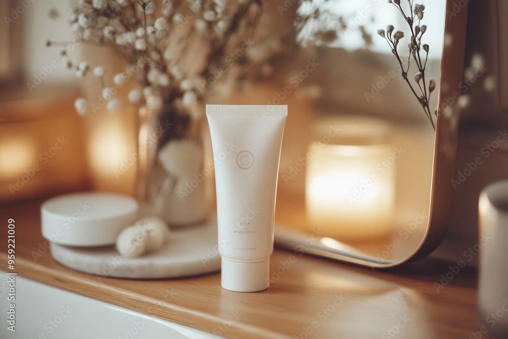 Aufkleber a tube of cream stands on a wooden surface, reflecting in a mirror, illuminated by soft candlelight 