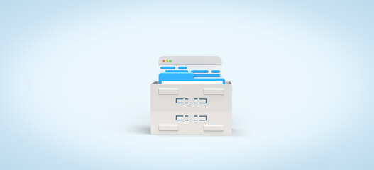 Box with browser pages, folders and files. 3D rendering on the theme of the Internet, server, docker, kubernetes, operating system, file storage, cloud data. Blue background.