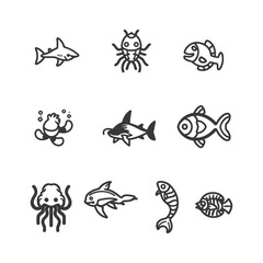 Fototapeta premium Nine Black and White Line Art Drawings of Sea Creatures