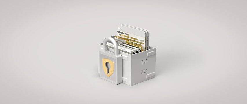 Lock with security symbol a gold. Protected box with browser pages, folders and files. 3D rendering on the topic of the Internet, server, docker, kubernetes, business and security. Beige background.
