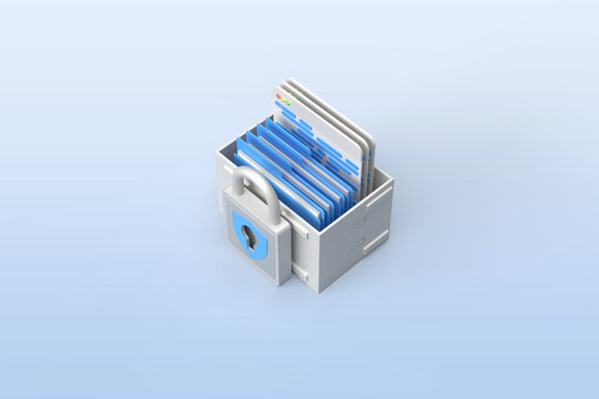 Lock with security symbol a blue. Protected box with browser pages, folders and files. 3D rendering on the topic of the Internet, server, docker, kubernetes, data and security. Blue background.