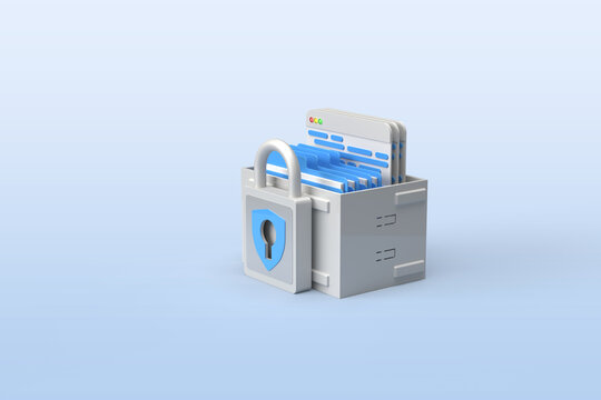 Lock with security symbol a blue. Protected box with browser pages, folders and files. 3D rendering on the topic of the Internet, server, docker, kubernetes, data and security. Blue background.