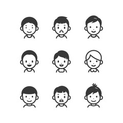 Set of Nine Simple Cartoon Child Icons with Different Hairstyles and Expressions