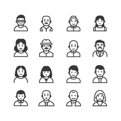 Collection of 16 Diverse Line Icons Representing Human Profiles