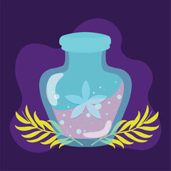 Potion bottle with a flower on dark background Vector