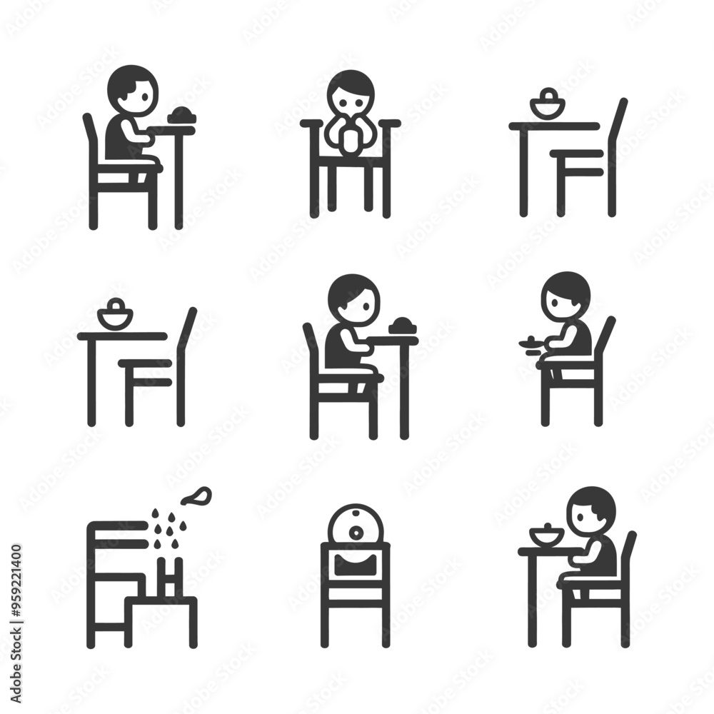 Wall mural Set of 9 Icons of Children Eating at Tables and Chairs