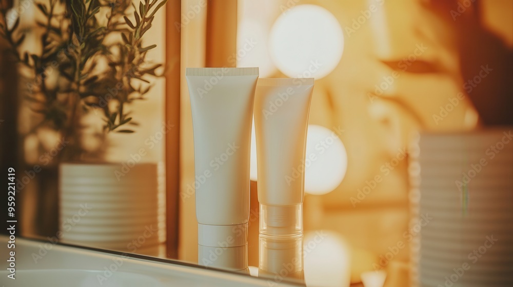Aufkleber A tube of cream is positioned beside another container, both reflected in a mirror with warm lighting creating an inviting atmosphere. Generative AI