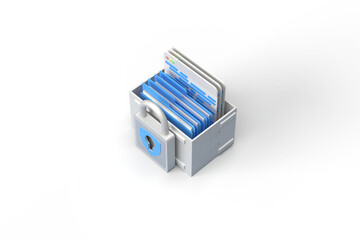 Lock with security symbol a blue. Protected box with browser pages, folders and files. 3D rendering on the topic of the Internet, server, docker, kubernetes, data and security. Transparent background.
