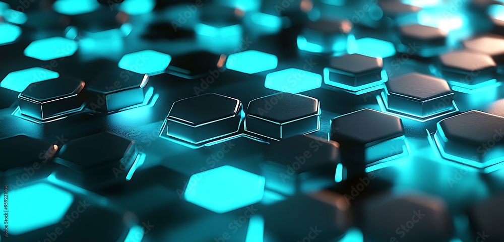 Poster cyan and charcoal hexagons in a 3d abstract design with a futuristic, glowing effect.