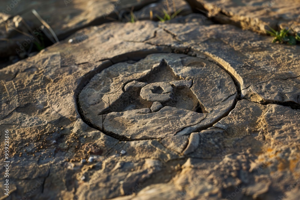 Poster a stone with a spiral design on it mysterious symbol etched into the ground at the center of a stone