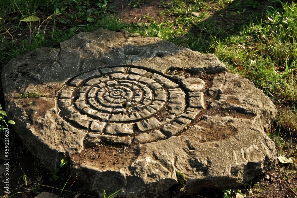 Poster a stone with a spiral design on it mysterious symbol etched into the ground at the center of a stone