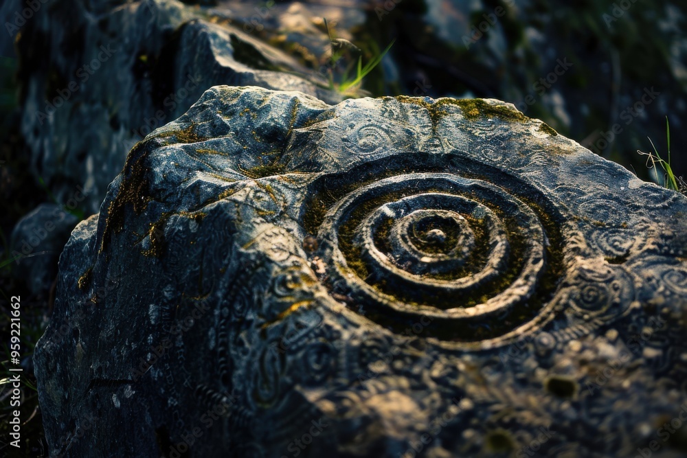 Aufkleber a stone with a spiral design on it mysterious symbol etched into the ground at the center of a stone