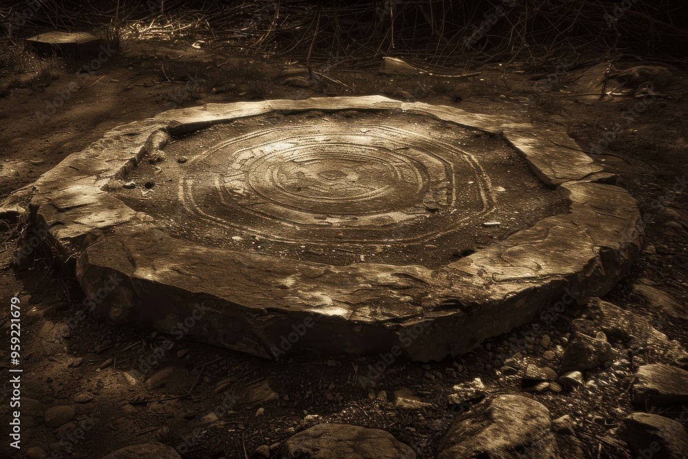 Leinwandbilder a stone with a spiral design on it mysterious symbol etched into the ground at the center of a stone