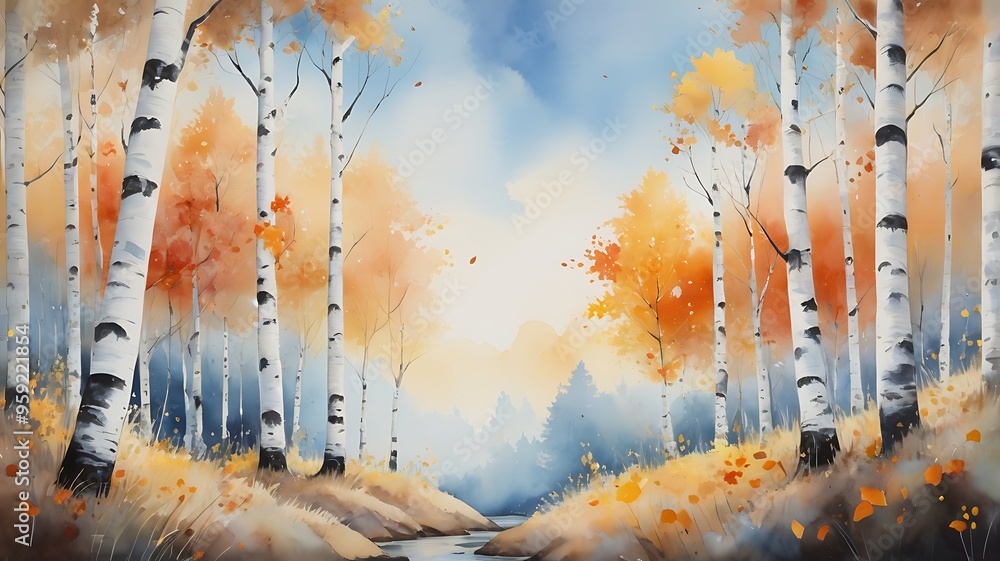 Poster digital painting artwork background of a scene showing a path in the middle of an autumn forest with