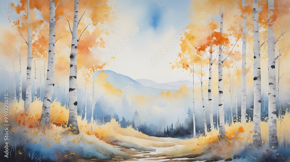 Poster digital painting artwork background of a scene showing a path in the middle of an autumn forest with