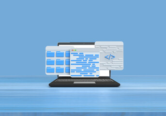 Browser page with volumetric text, code and notebook. Explorer with folders and files. 3D rendering on the topic of code, programming, development, applications, programs. Blue background.