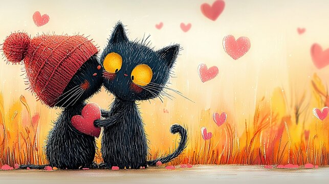   A pair of cats positioned beside one another in front of a canvas depicting hearts and a feline clutching a heart