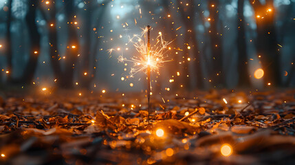 Naklejka premium Sparkler in the Forest, Autumn Leaves and Glowing Lights