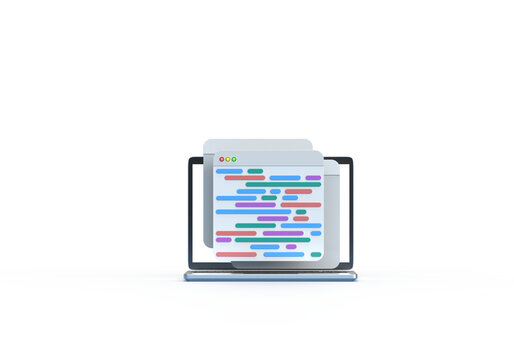 Browser page with volumetric text, code and notebook. 3D rendering on the topic of code, programming, development, applications, programs. Transparent background.