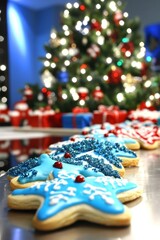 Obraz premium Festive christmas cookies with sparkling tree and presents in background