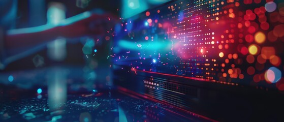 Fototapeta premium A dynamic close-up of a hand interacting with a vibrant, digital display showcasing colorful lights and patterns.