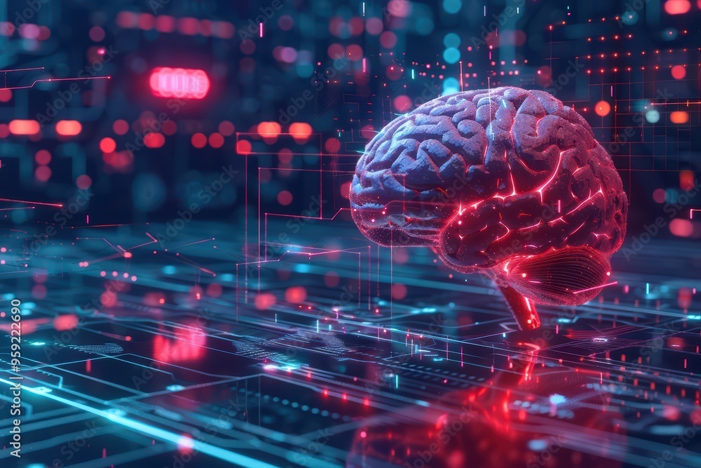 Poster a futuristic digital brain set against a glowing circuitry background, symbolizing artificial intell