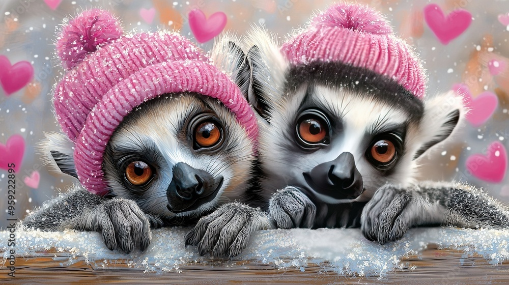 Wall mural two pink-hatted lemurs perched on snowy ground in a painting