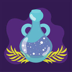 Potion bottle with glowing liquid on purple background Vector