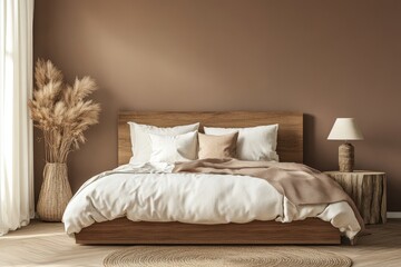 Imagine a calming bedroom with a charming wooden bed, plush pillows, and a beautiful lamp against a warm brown backdrop, creating a cozy atmosphere for deep relaxation and comfort