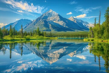 a lake with a mountain in the background picturesque mountain range reflecting on a peaceful lake