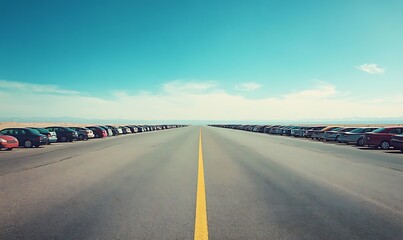 Fototapeta premium A line of parked cars on a paved road with a yellow line down the center