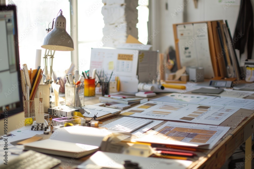 Poster a table with a laptop and a bunch of drawings prototyping tool facilitates design iteration