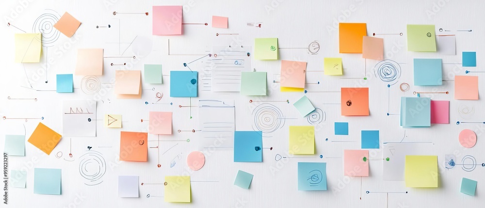 Wall mural a creative brainstorming session with sticky notes and diagrams, emphasizing the role of discovery i