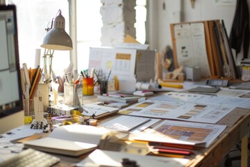 a table with a laptop and a bunch of drawings prototyping tool facilitates design iteration