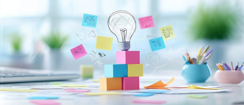 A creative brainstorming session with sticky notes and diagrams, emphasizing the role of discovery in achieving business success