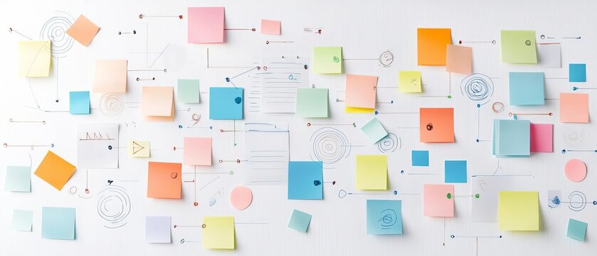 A creative brainstorming session with sticky notes and diagrams, emphasizing the role of discovery in achieving business success