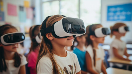 Kids using virtual reality vr in the school