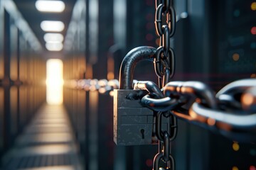 Naklejka premium A padlock secured with a heavy chain inside a data center, symbolizing cybersecurity and data protection in a digital world.
