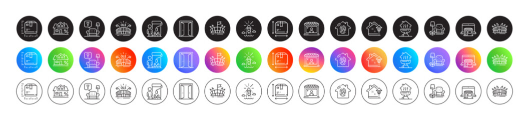 Marketplace, Lighthouse and Box size line icons. Round icon gradient buttons. Pack of Package size, Arena stadium, Lounge icon. Painter, Open door, Arena pictogram. Vector