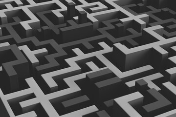 Maze of black and gray cubes, geometric shapes. 3d rendering on the theme of puzzles, games, maze, technology, computer, 3d, video card. Abstract composition. Multicolored cubes. Close-up illustration