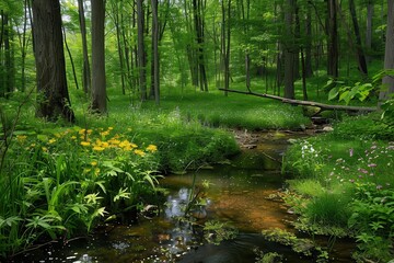 Obraz premium a stream running through a lush green forest serene woodland clearing with wildflowers and a babbling brook