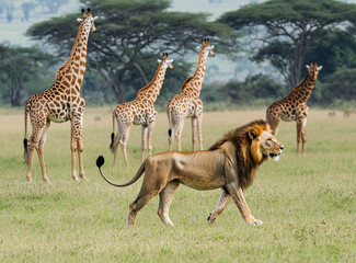 A lion traversing the savanna, with giraffes gracefully roaming in their natural habitat.