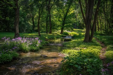 a stream running through a lush green forest serene woodland clearing with wildflowers and a babbling brook