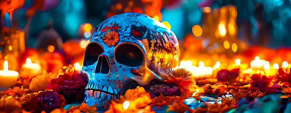 Skull adorned with flowers and surrounded by candles during Dia de los Muertos celebration.
