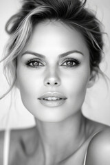 Fototapeta premium Black and White Portrait of an Attractive Woman with Hair Up, Clear Skin, and Expressive Eyes in Natural Daylight