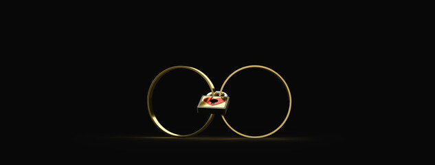 Metal lock with a heart pad. Gold rings in the castle. 3d rendering on the theme of weddings, love, relationships. Dark background.
